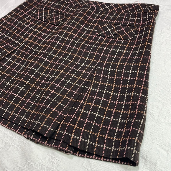 Y2K Brown, Pink & Cream Wool Tweed Pleated Mini Skirt Ann Taylor Loft Size 10 - Picture 2 of 10